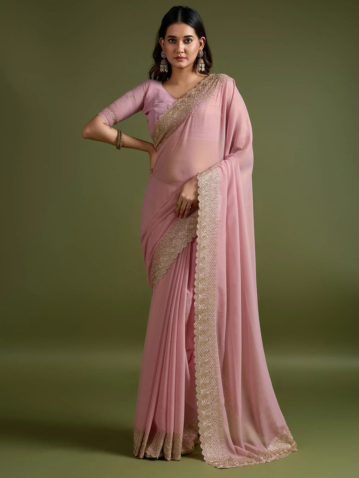 Peach Party Wear Georgette Embellished Saree - The Dori Store