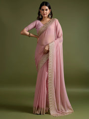 Peach Party Wear Georgette Embellished Saree - The Dori Store