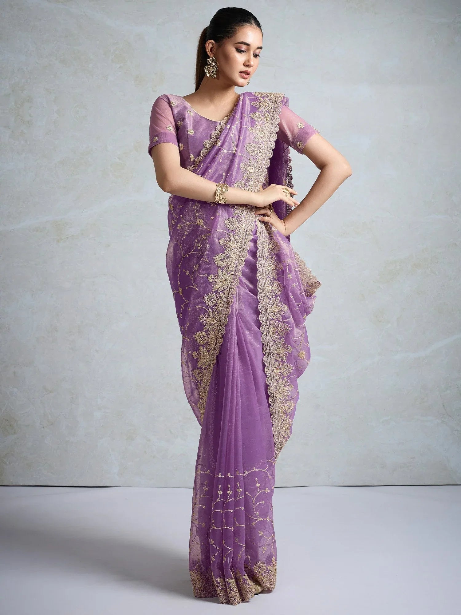 Purple Party Wear Net Embroidered Saree
