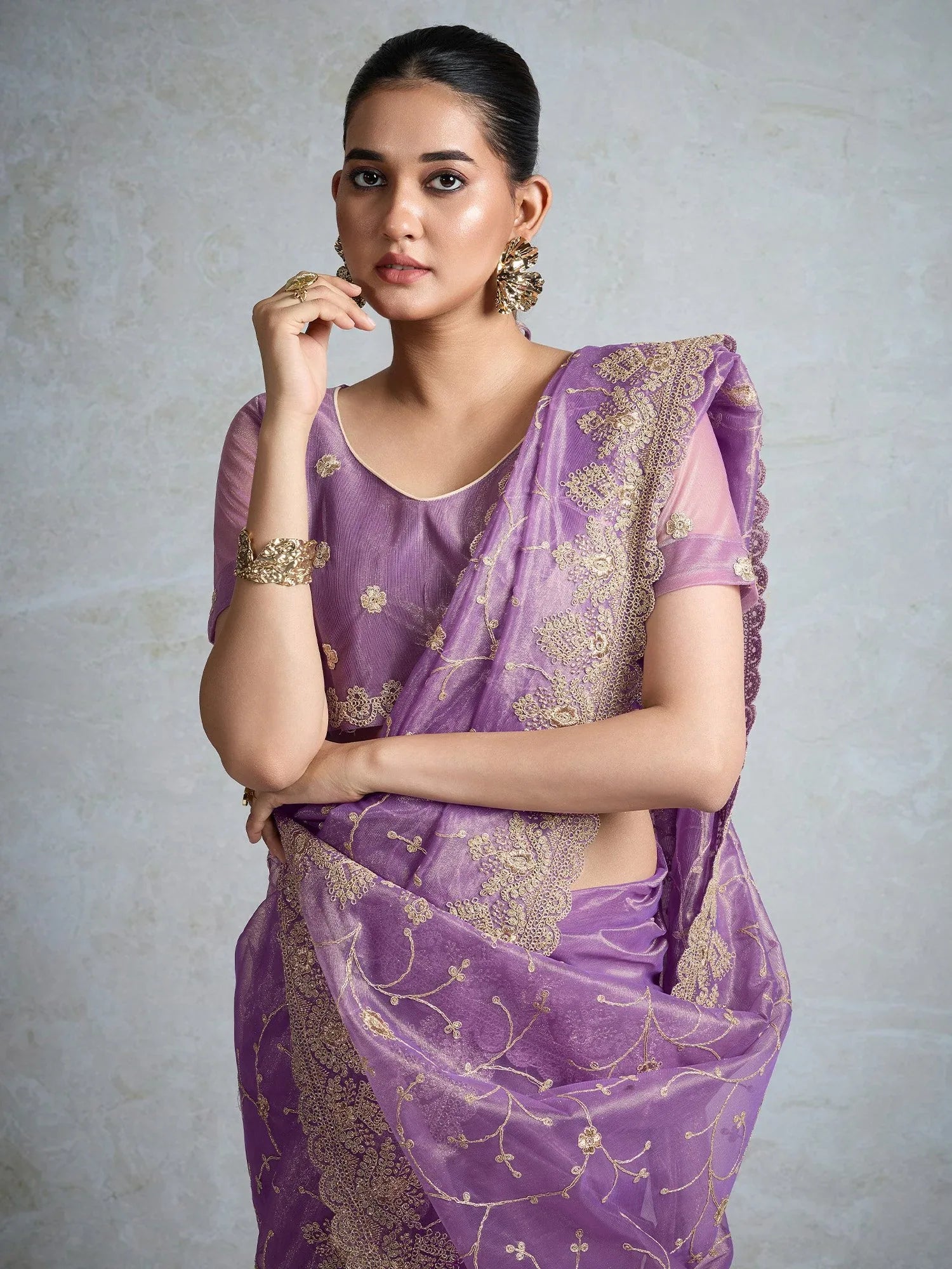 Purple Party Wear Net Embroidered Saree