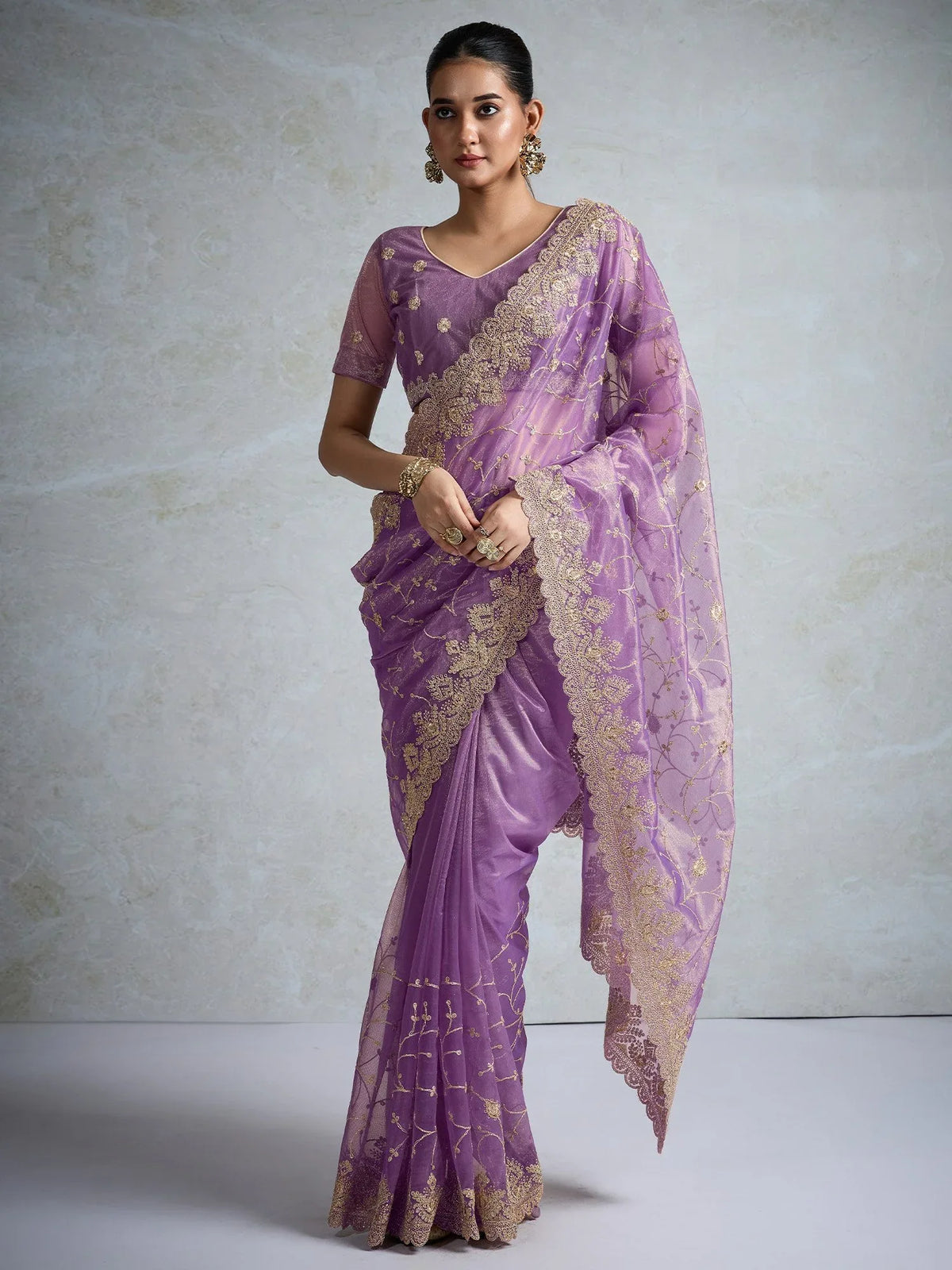 Purple Purple Party Wear Net Embroidered Saree