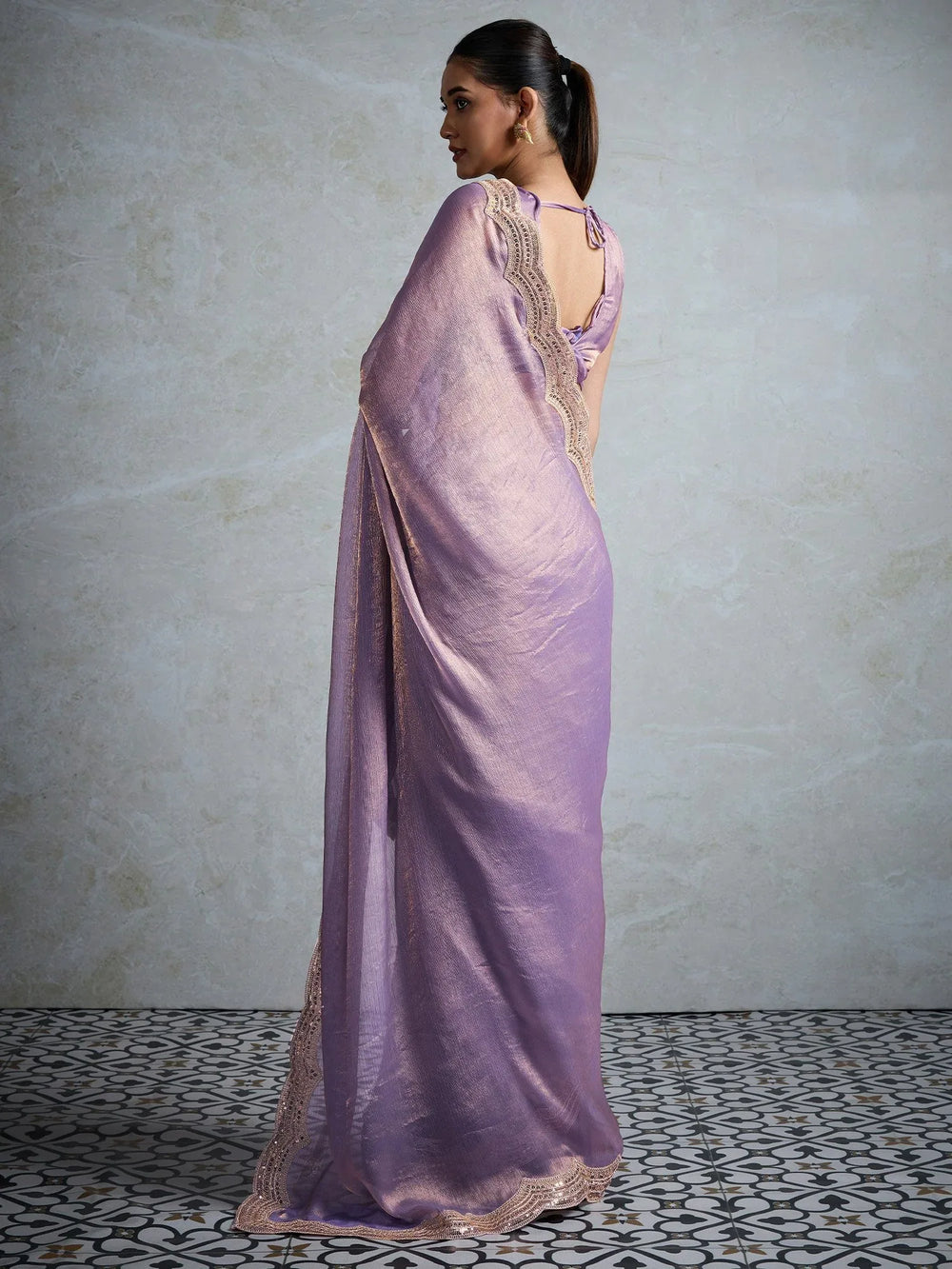 Lavendar Party Wear Chiffon Embellished Saree - The Dori Store