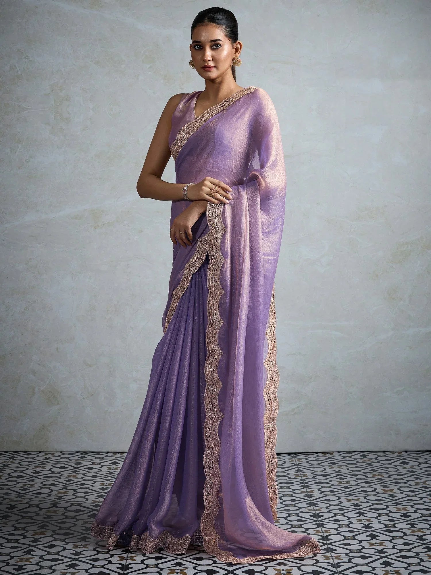 Lavendar Party Wear Chiffon Embellished Saree - The Dori Store