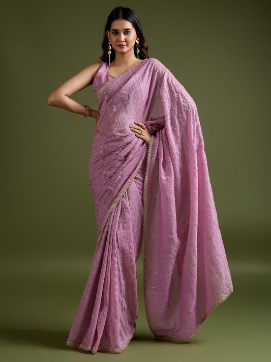 Lavender Mauve Party Wear Tissue Embellished Saree