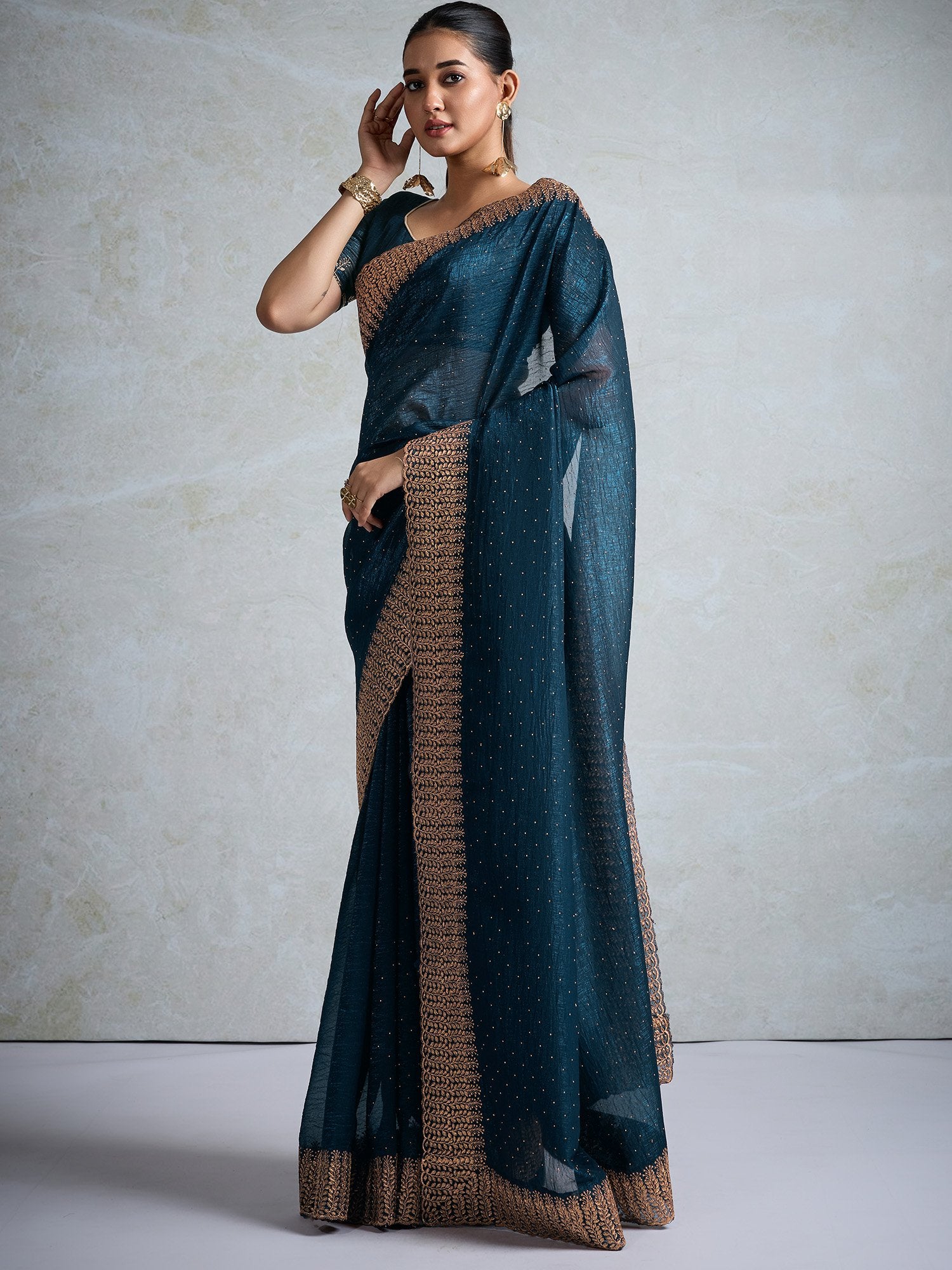 Teal Blue Party Wear Organza Embellished Saree