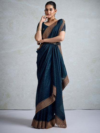 Blue Teal Party Wear Organza Embellished Saree