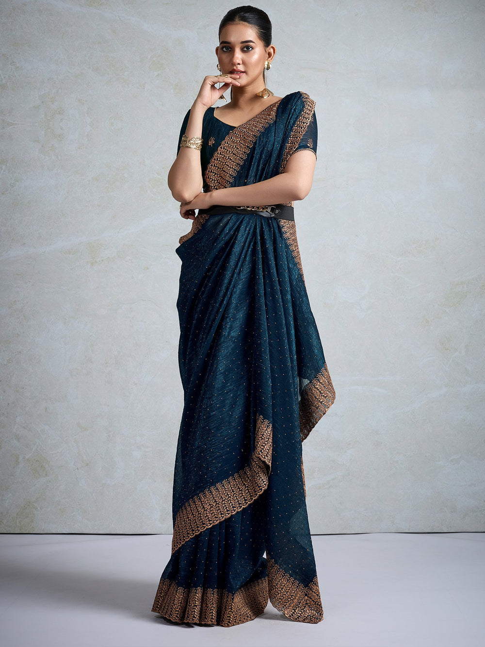 Blue Teal Party Wear Organza Embellished Saree