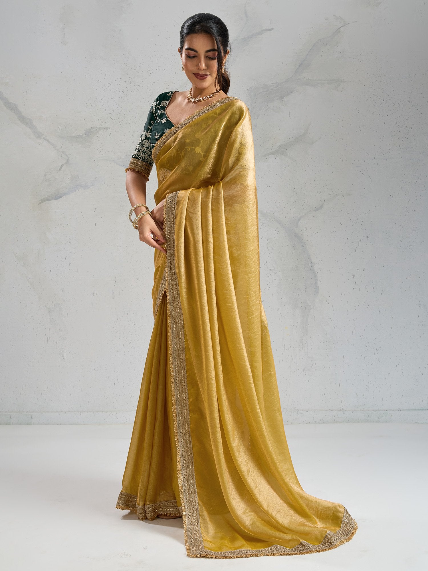 Yellow Party Wear Pure Chiffon Embellished Saree
