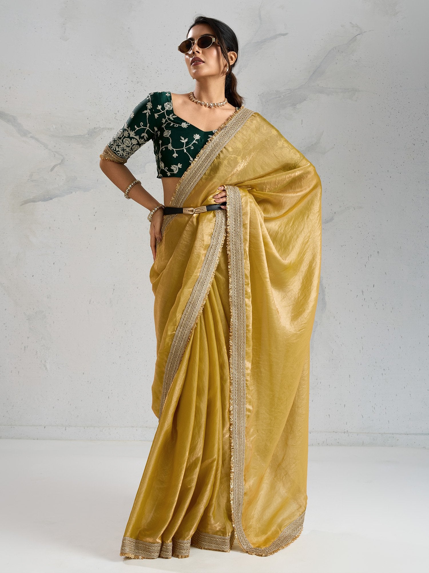 Yellow Party Wear Pure Chiffon Embellished Saree