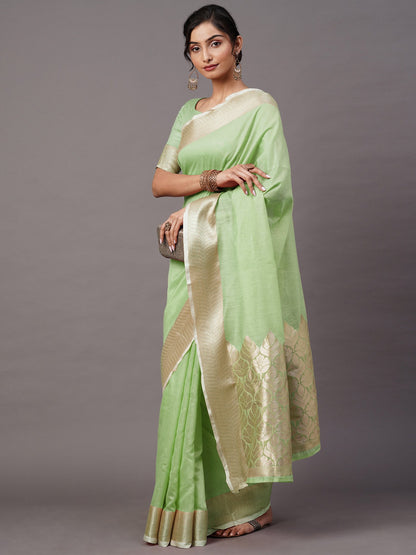 Green Taant Linen Blend Woven Saree