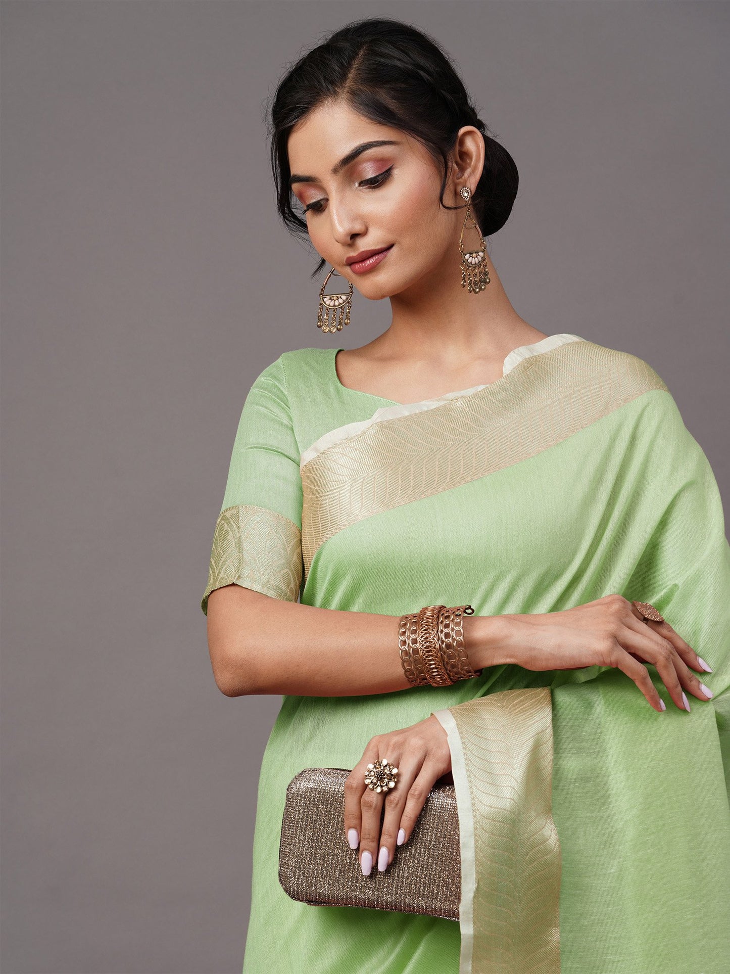 Green Taant Linen Blend Woven Saree