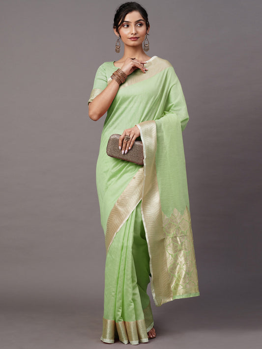 Green Green Taant Linen Blend Woven Saree