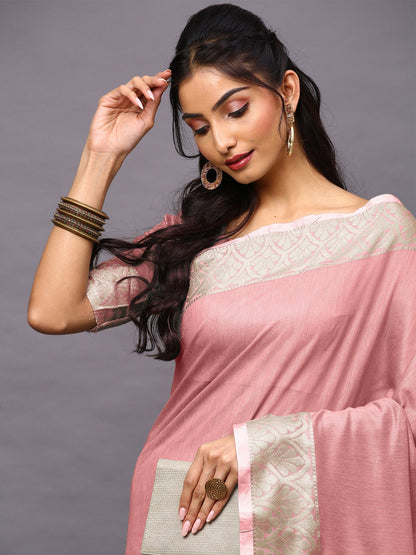 Pink Taant Linen Blend Woven Saree