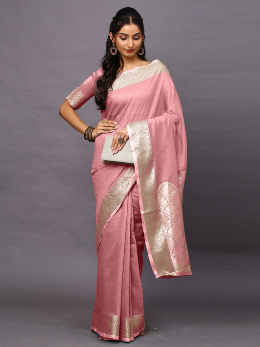 Pink Pink Taant Linen Blend Woven Saree