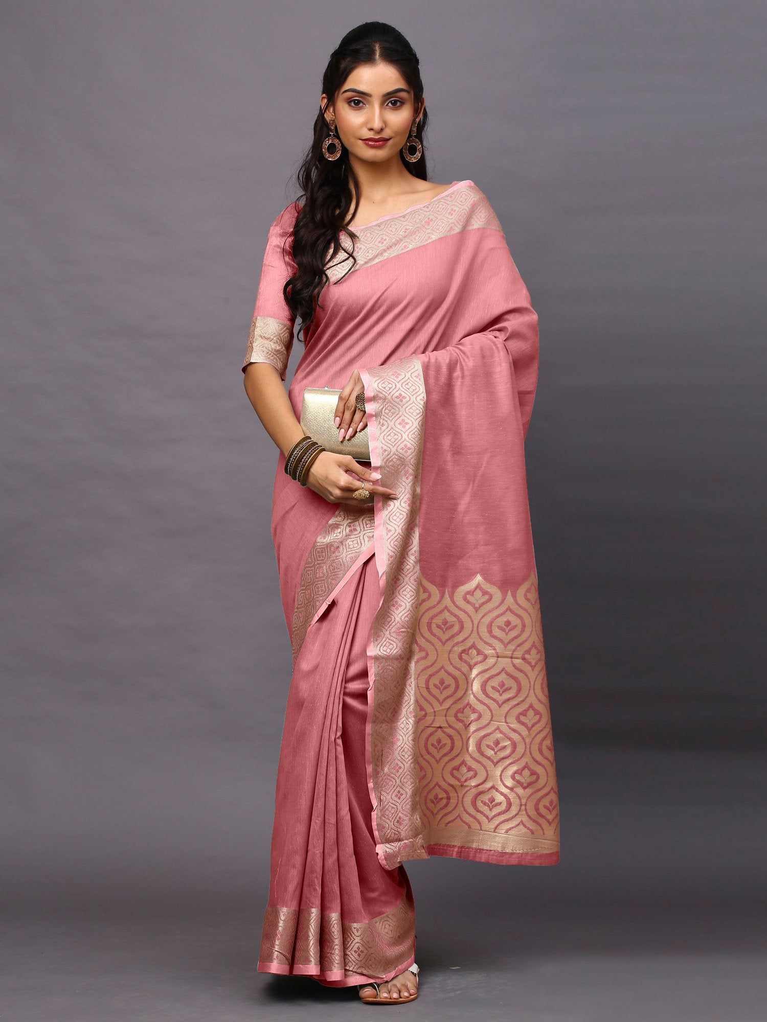 Pink Pink Taant Linen Blend Woven Saree