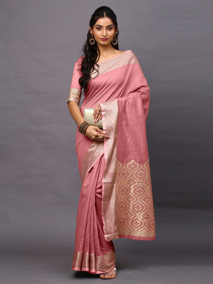 Pink Pink Taant Linen Blend Woven Saree