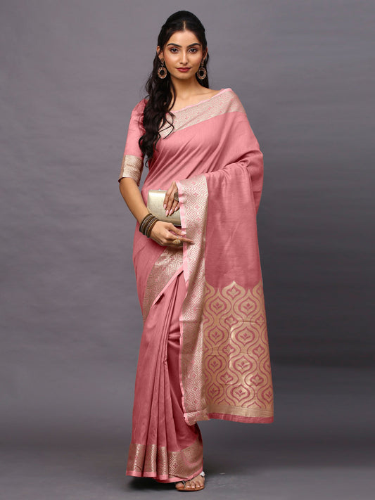 Pink Pink Taant Linen Blend Woven Saree