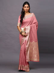 Pink Pink Taant Linen Blend Woven Saree