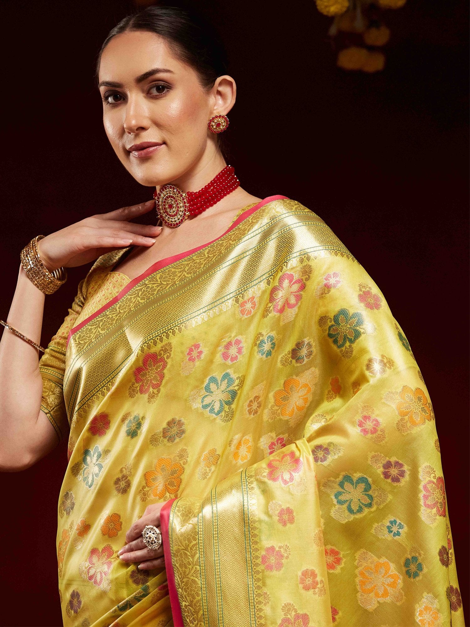 Yellow Banarasi Organza Woven Saree