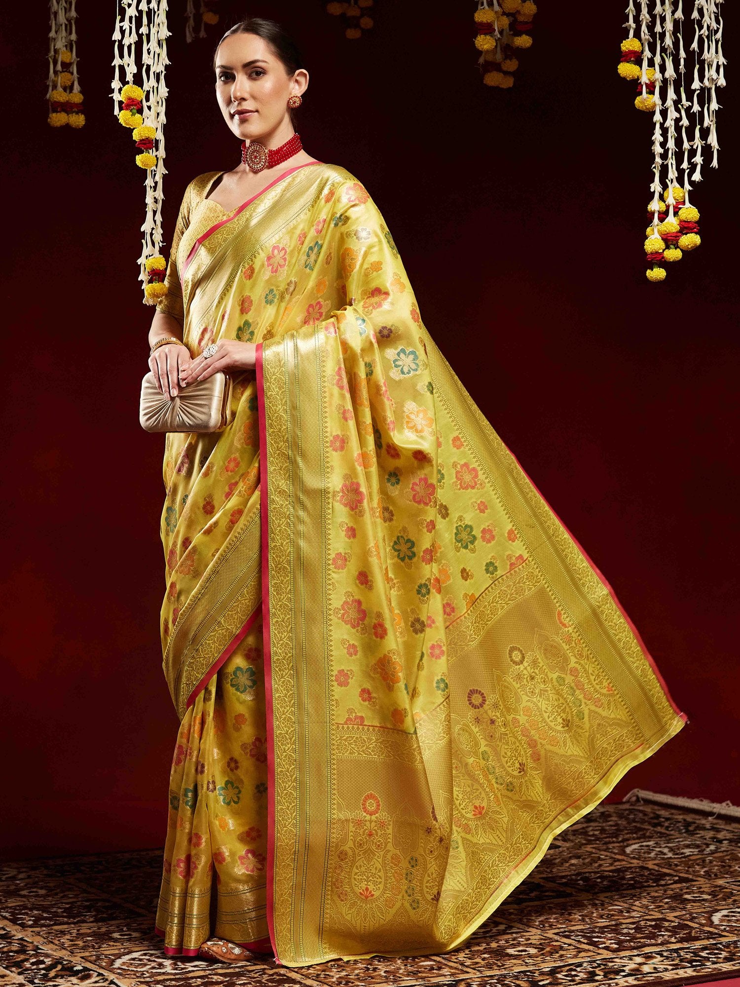 Yellow Banarasi Organza Woven Saree