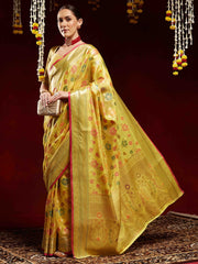 Yellow Banarasi Organza Woven Saree