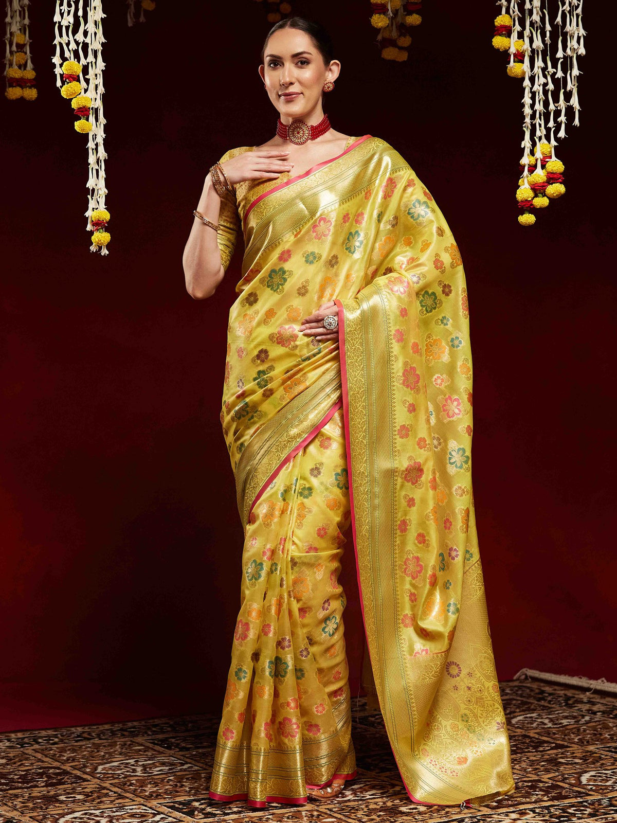 Yellow Yellow Banarasi Organza Woven Saree