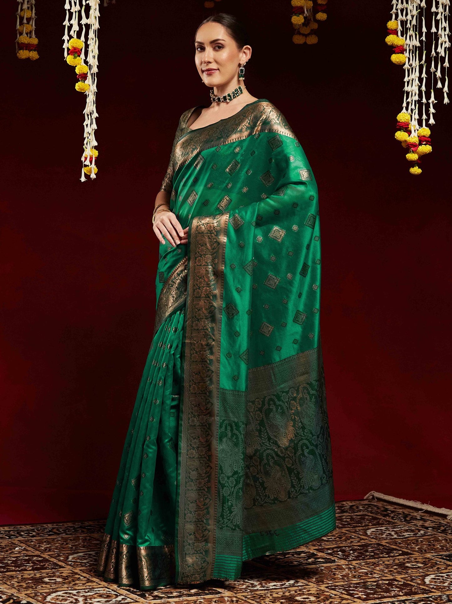 Teal Banarasi Organza Woven Saree