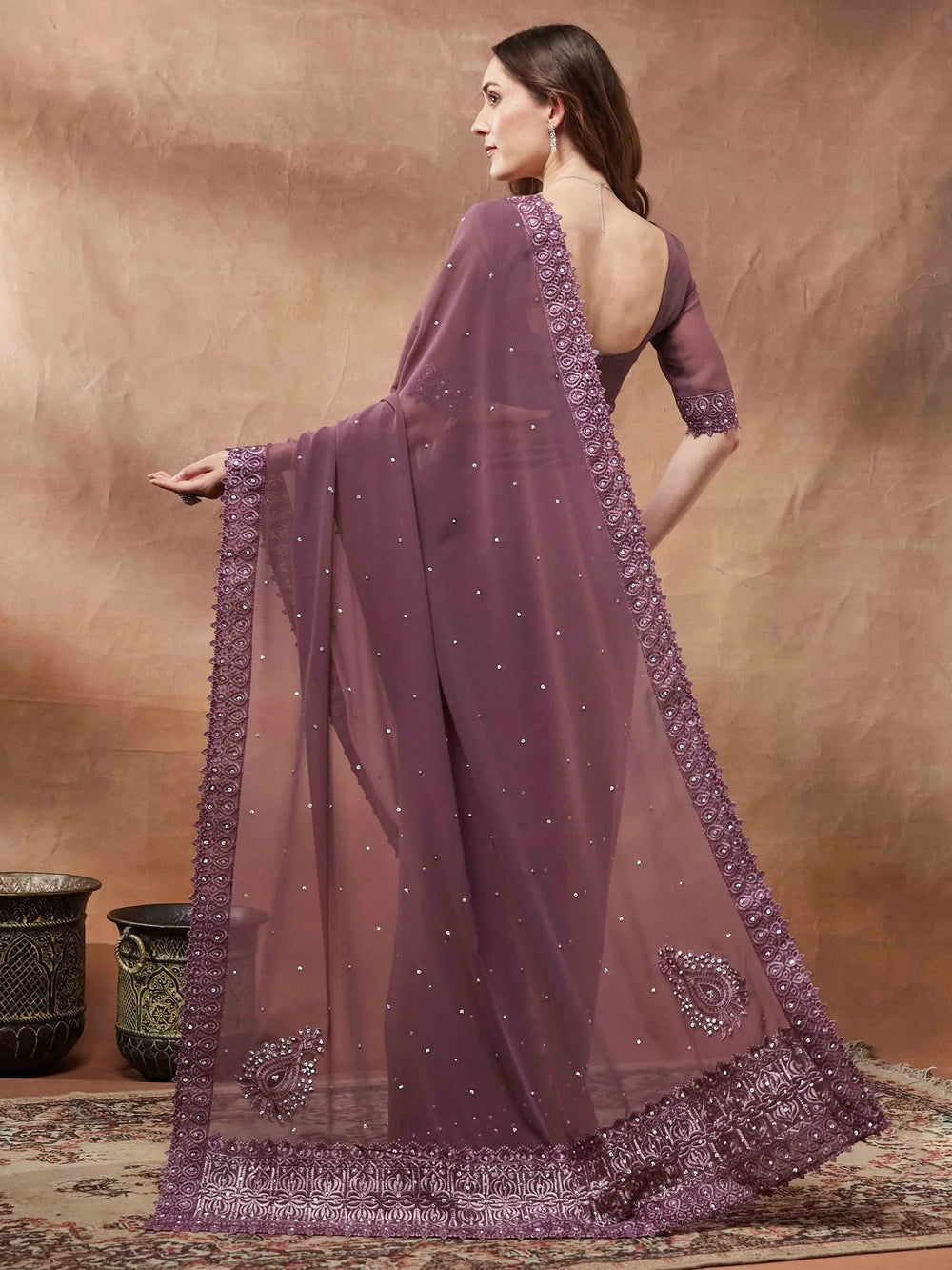Purple Party Wear Georgette Embellished Saree - The Dori Store
