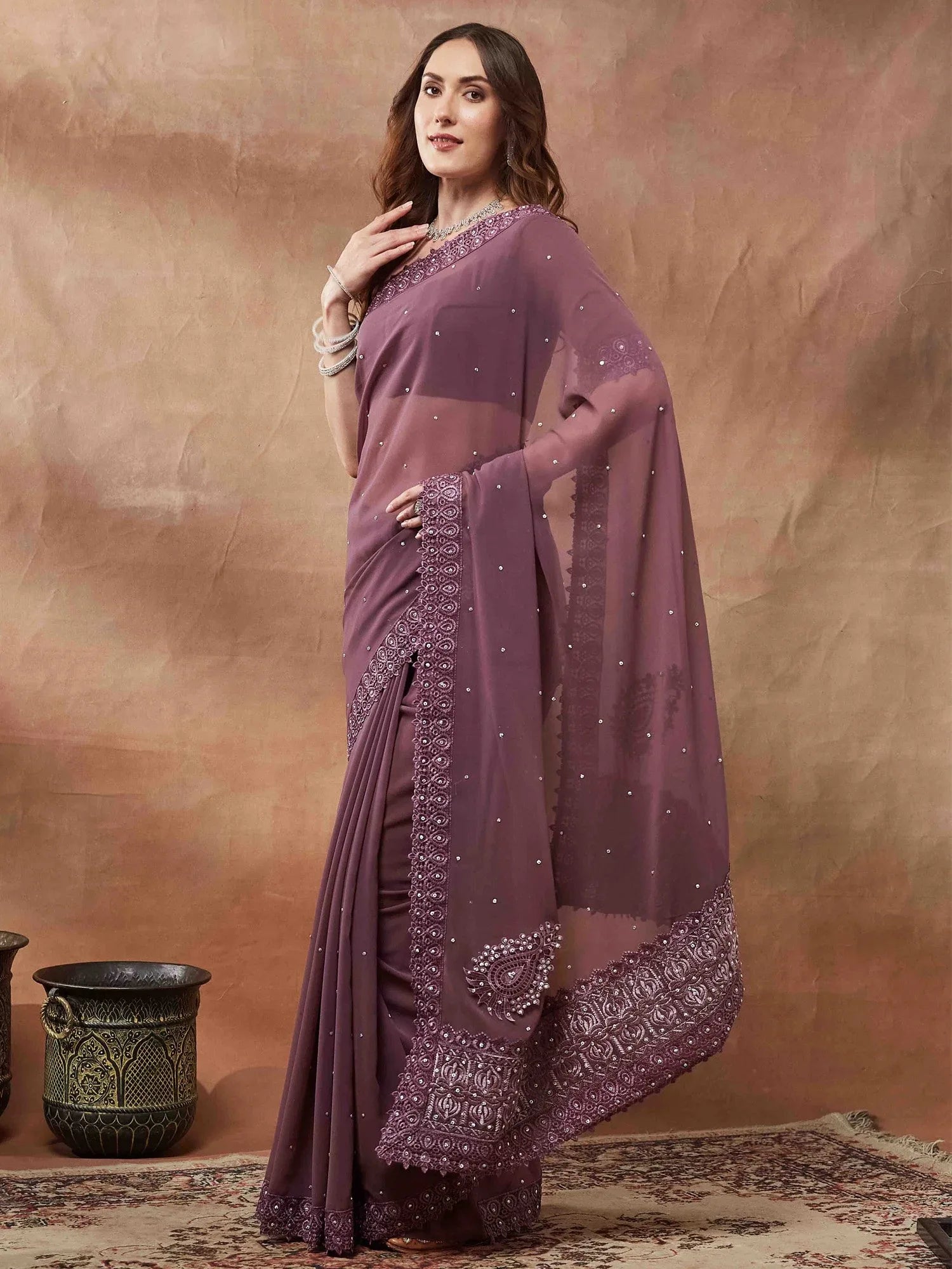 Purple Party Wear Georgette Embellished Saree - The Dori Store
