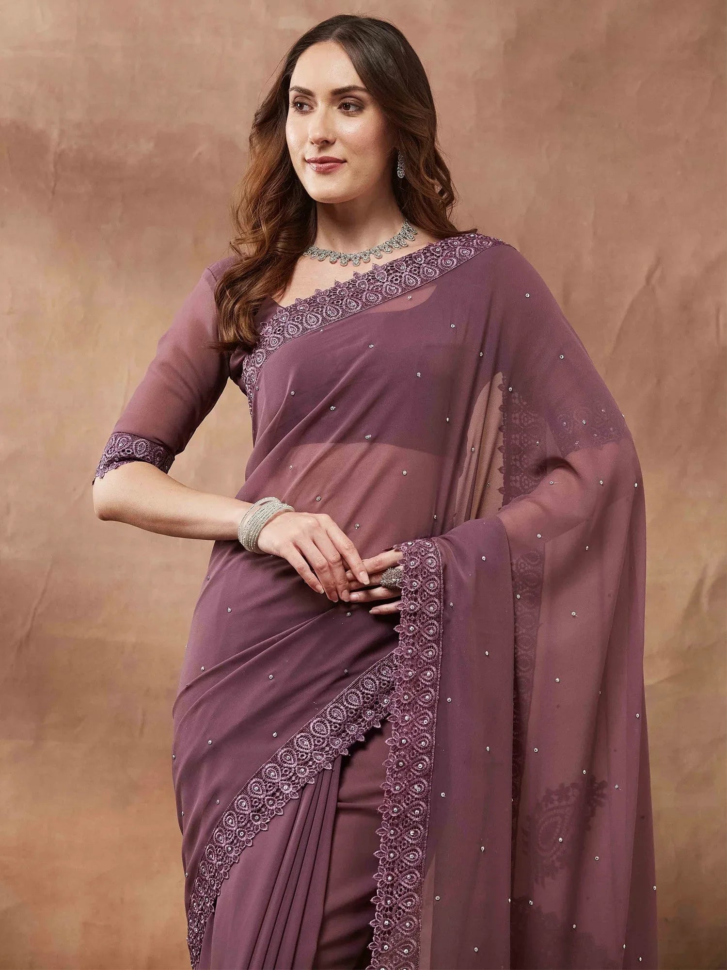 Purple Party Wear Georgette Embellished Saree - The Dori Store