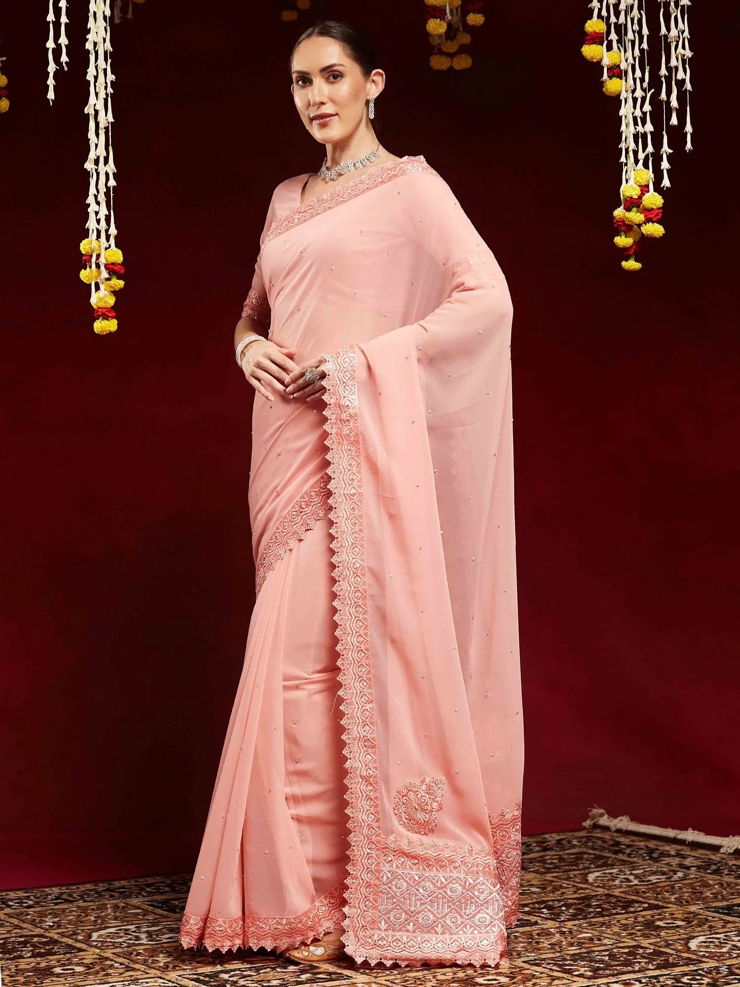 Peach Party Wear Georgette Embellished Saree - The Dori Store