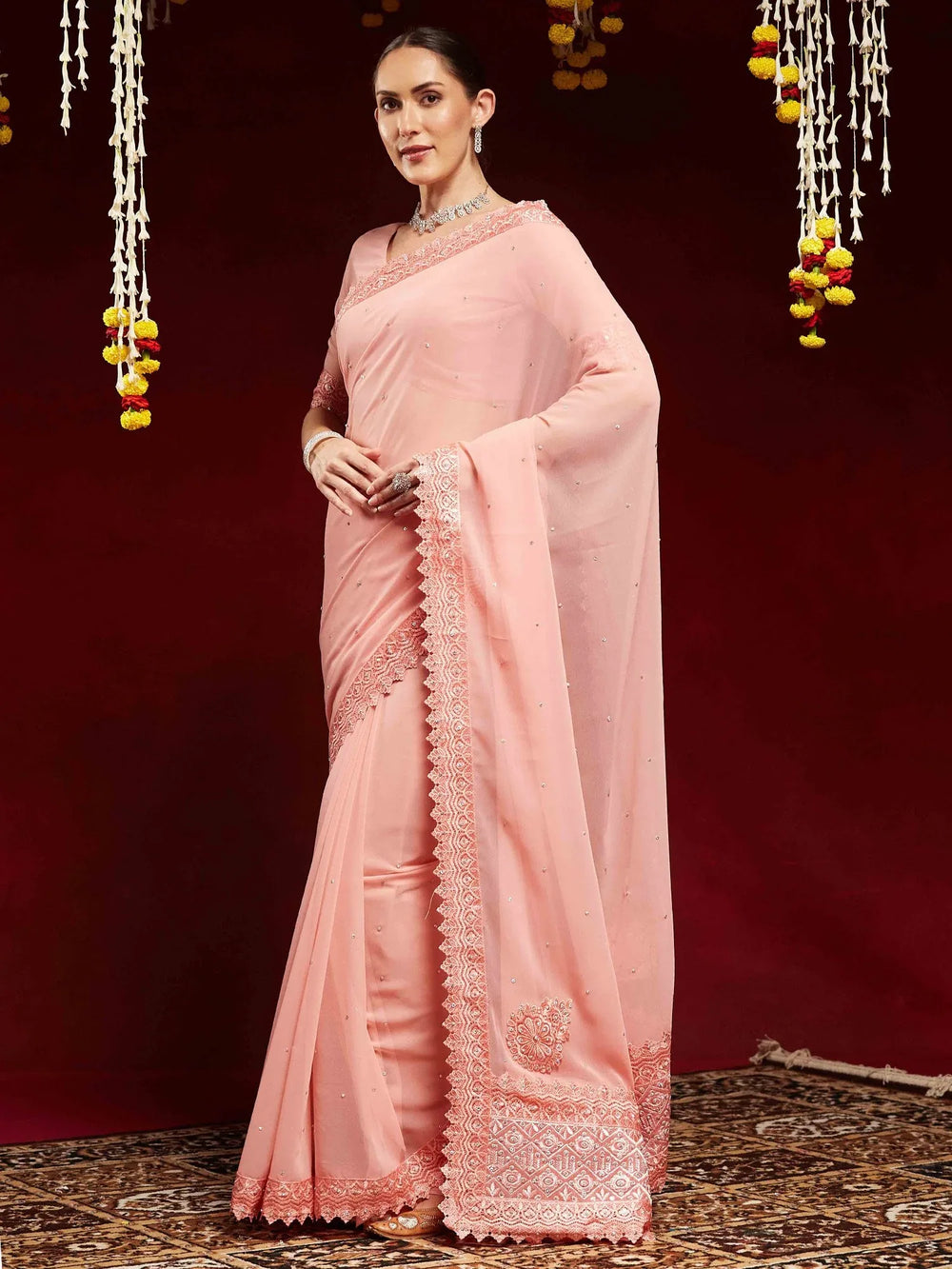 Peach Party Wear Georgette Embellished Saree - The Dori Store