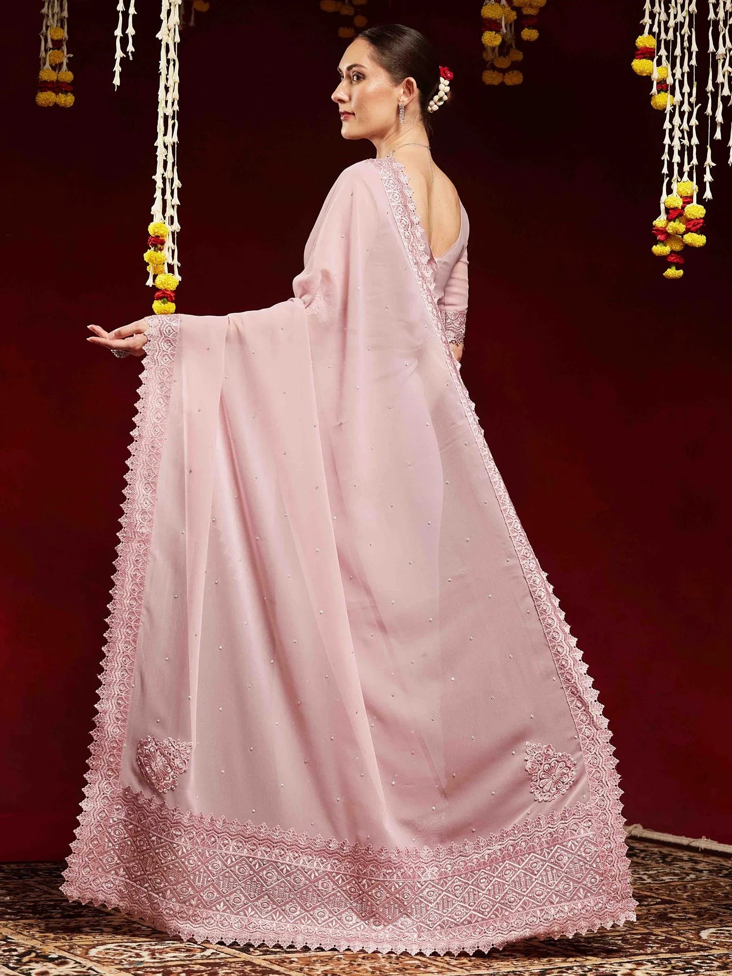 Mauve Party Wear Georgette Embellished Saree - The Dori Store