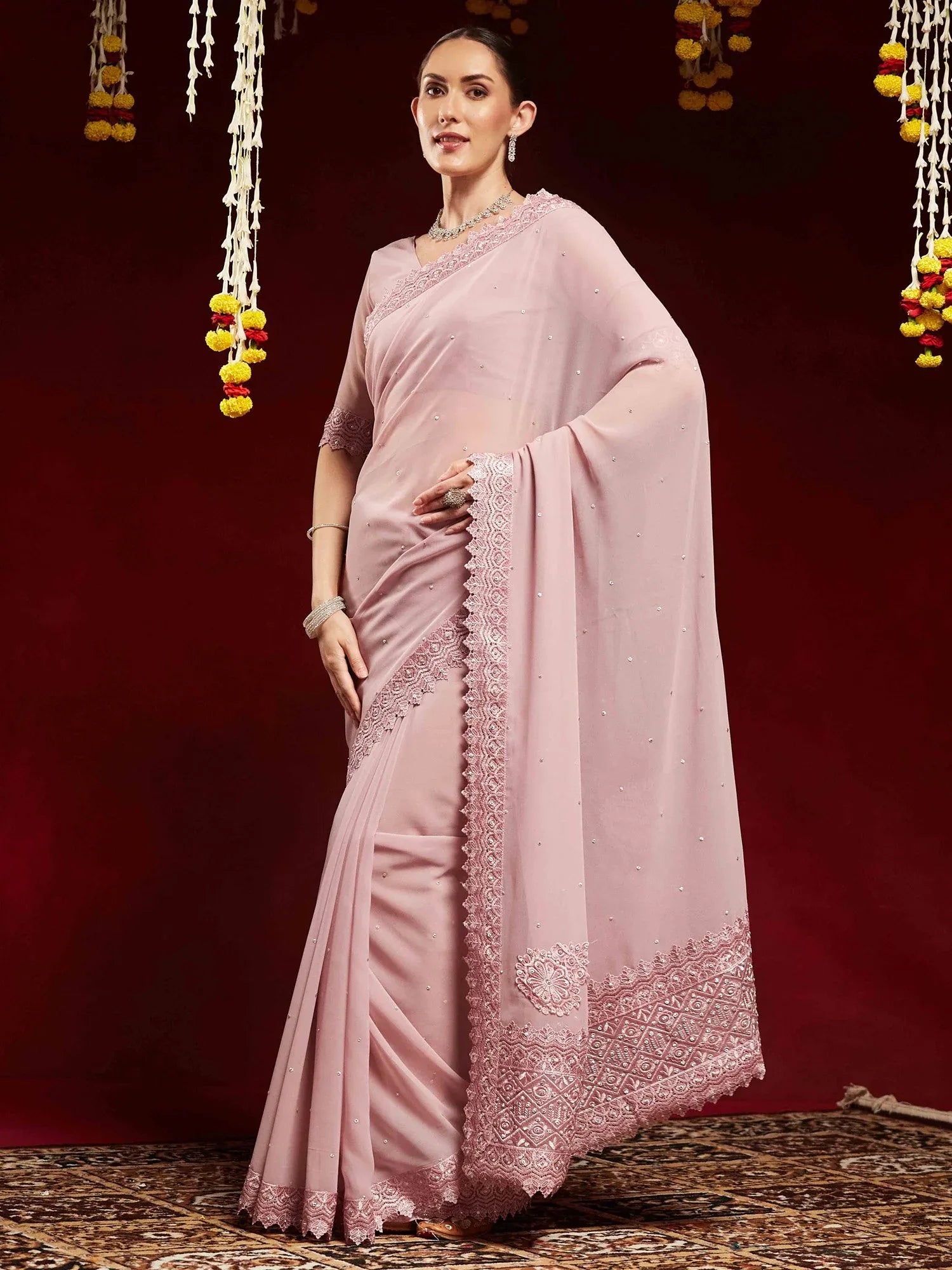 Mauve Party Wear Georgette Embellished Saree - The Dori Store