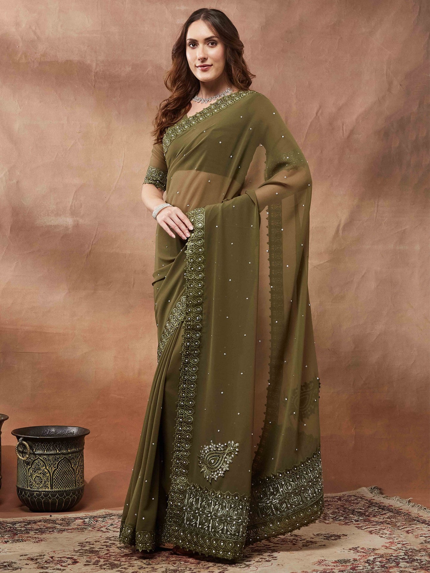 Olive Party Wear Georgette Embellished Saree