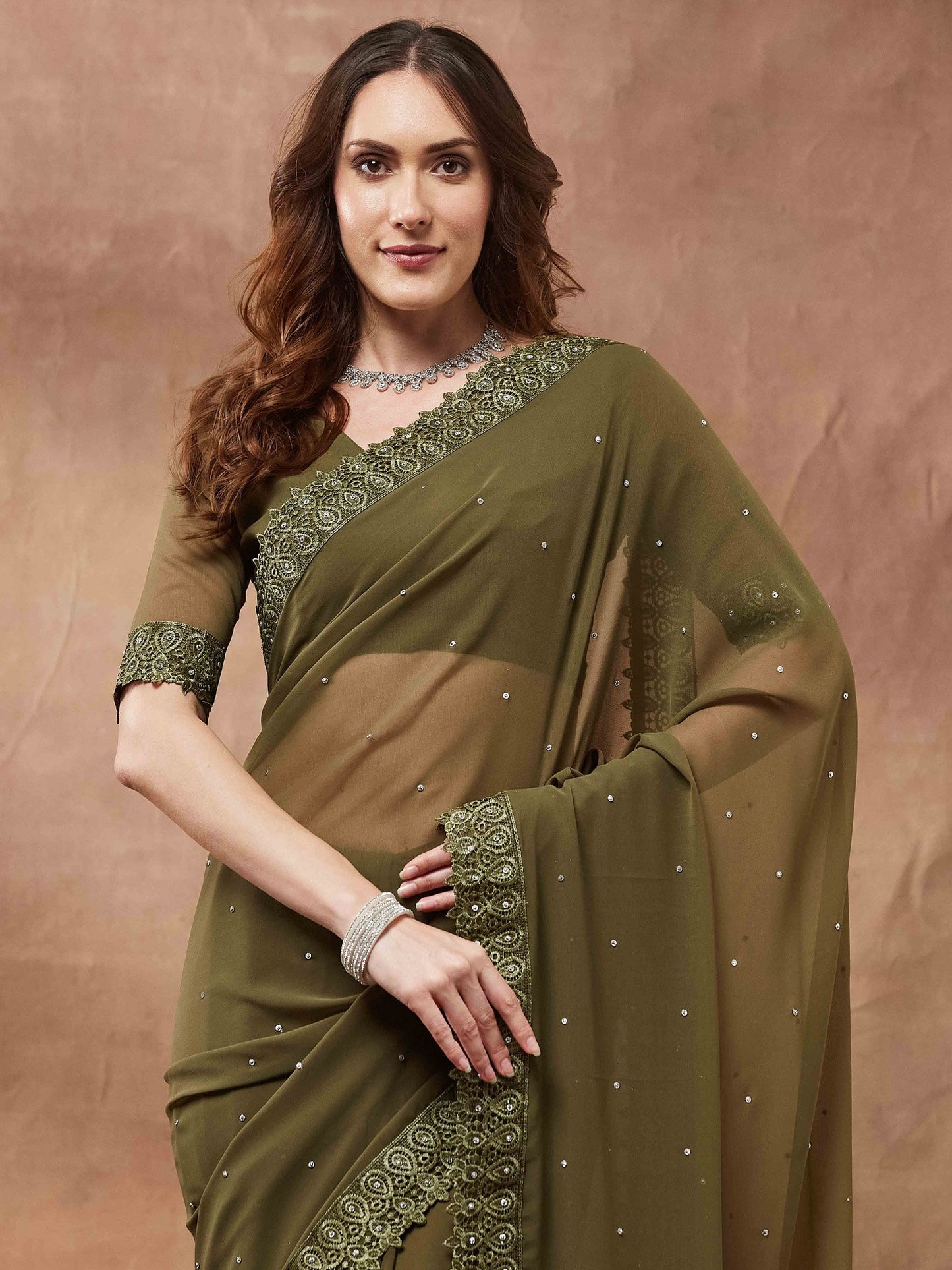 Olive Party Wear Georgette Embellished Saree