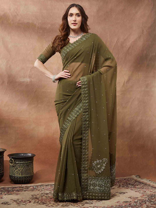 Green Olive Party Wear Georgette Embellished Saree