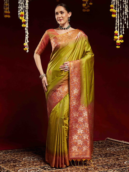 Green Olive Paithani Soft Silk Woven Saree