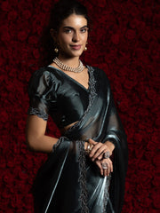 Grey Party Wear Tissue Embellished Saree