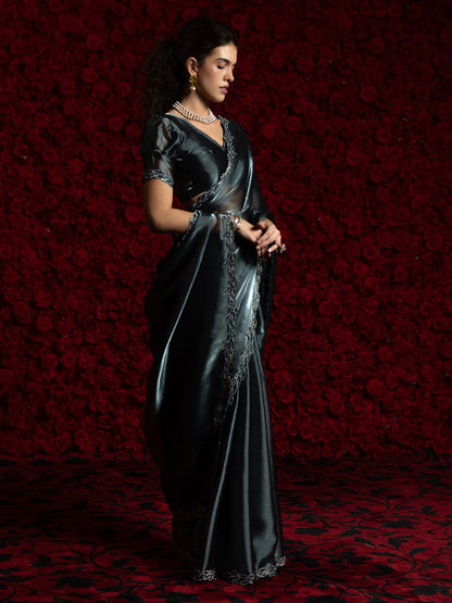 Grey Party Wear Tissue Embellished Saree