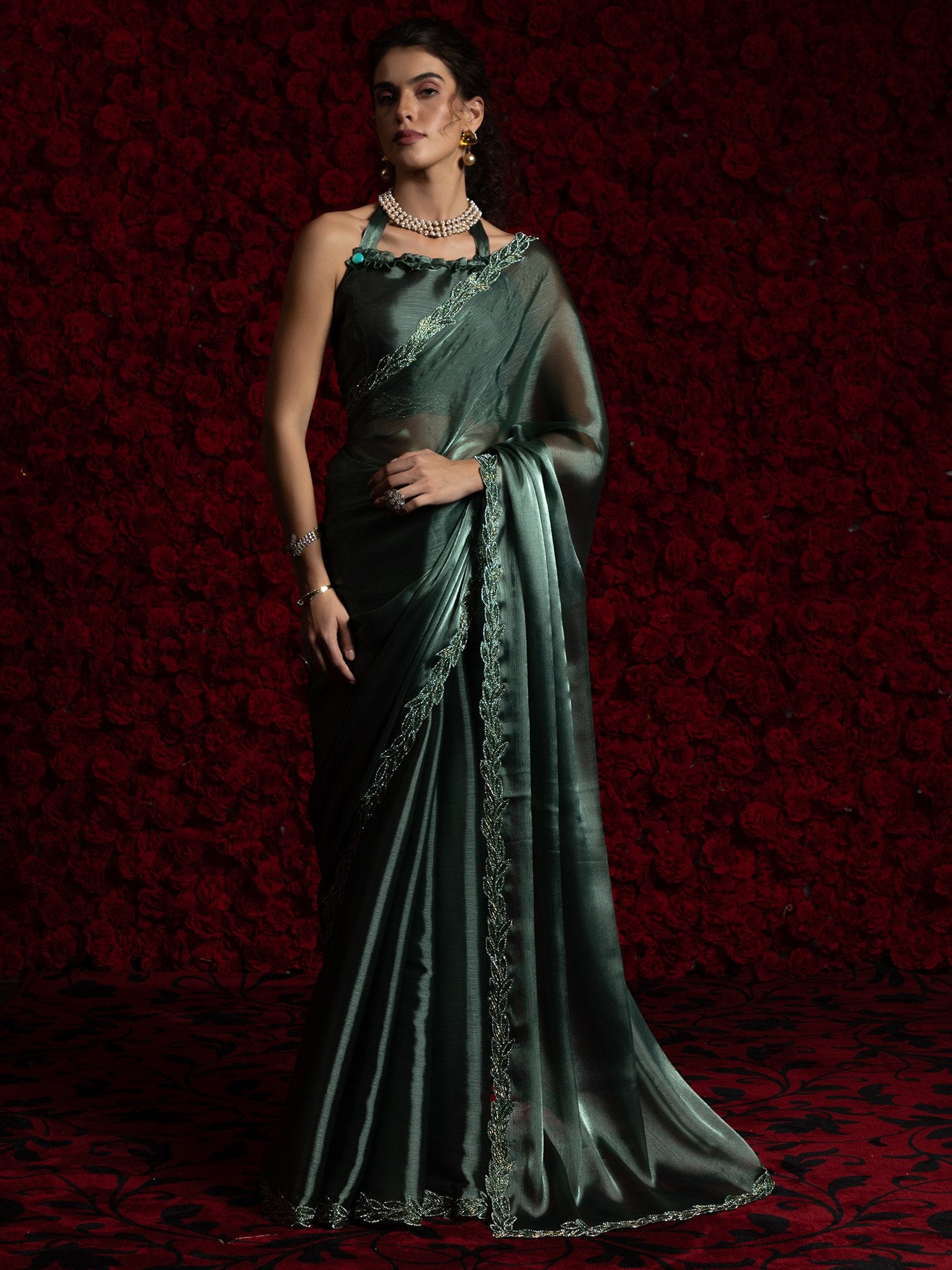 Green Teal Party Wear Tissue Embellished Saree