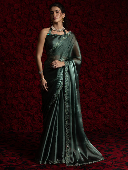 Green Teal Party Wear Tissue Embellished Saree