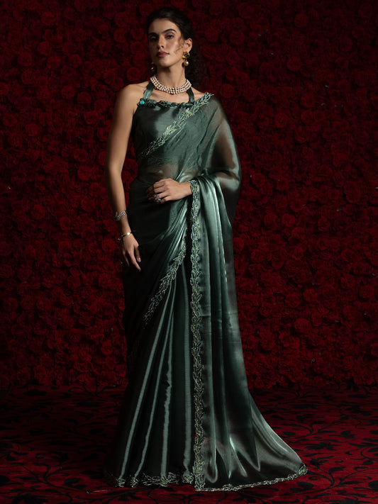 Green Teal Party Wear Tissue Embellished Saree