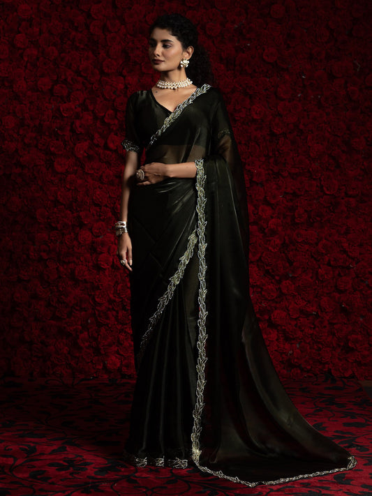 Green Dark Party Wear Tissue Embellished Saree