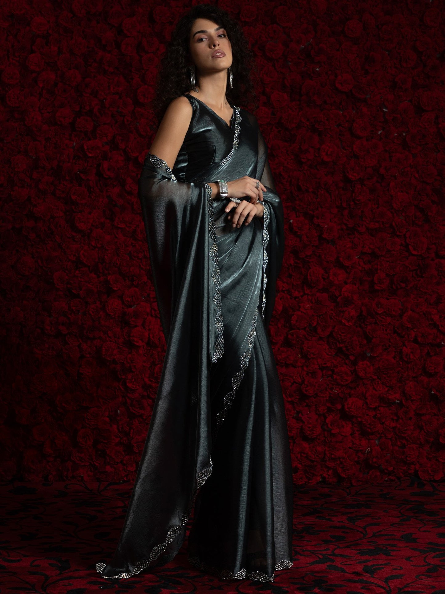 Grey Party Wear Tissue Embellished Saree