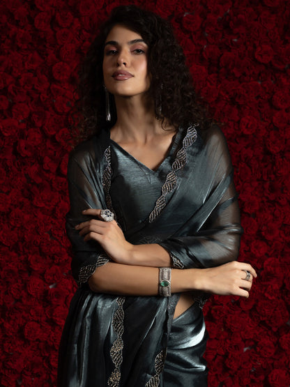Grey Party Wear Tissue Embellished Saree
