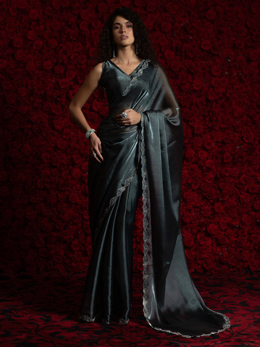 Grey Grey Party Wear Tissue Embellished Saree