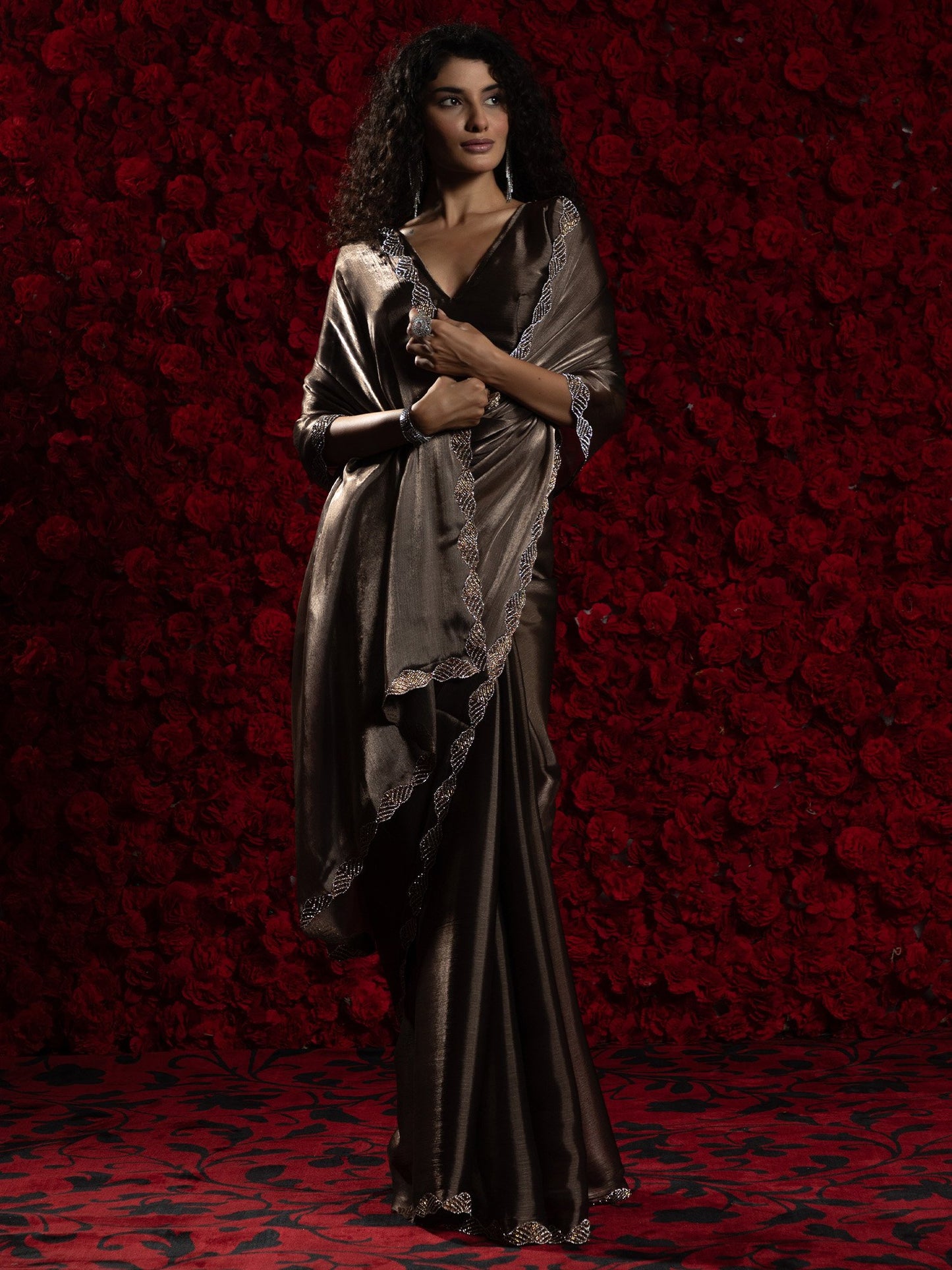 Brown Party Wear Tissue Embellished Saree