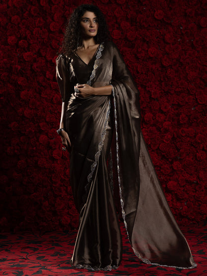 Brown Brown Party Wear Tissue Embellished Saree