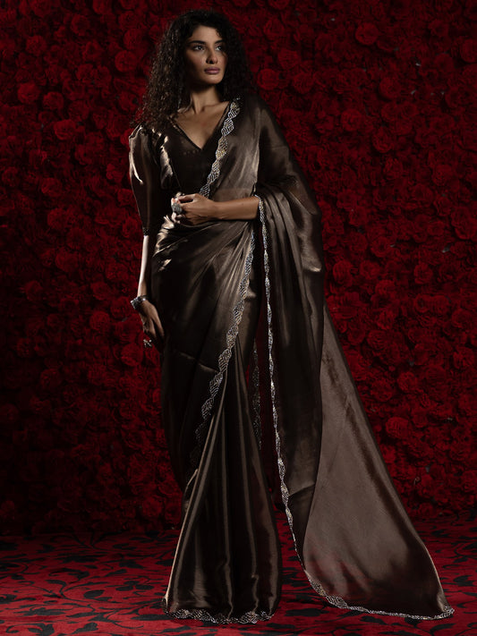 Brown Brown Party Wear Tissue Embellished Saree